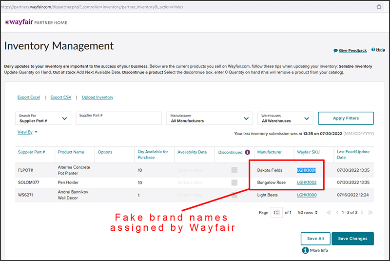Fake brand names assigned by Wayfair.